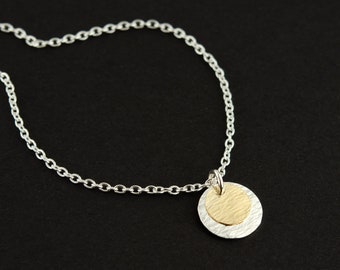 Two Tone Disc Coin Necklace • Dainty Circle Necklace • Mixed Metal Necklace • Hammered Disc Necklace • Layering Necklace • Two Tone Jewelry