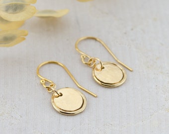 Tiny Disc Circle Dangle Earrings, Textured Gold Earrings • Everyday Gold Earrings, Minimalist Earrings, 14K Gold Filled Jewelry Gift for Her