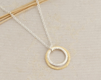 Hammered Gold and Silver Circle Necklace, Mixed Metal Jewelry, Textured Two-Tone Pendant