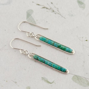 Sterling Silver Turquoise Bar Earrings, Long Gemstone Jewelry