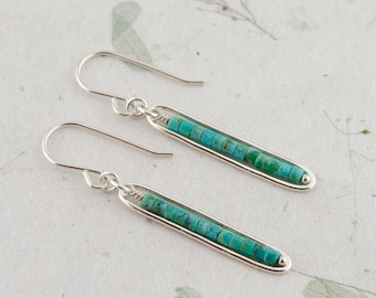 Sterling Silver Turquoise Bar Earrings, Long Gemstone Jewelry