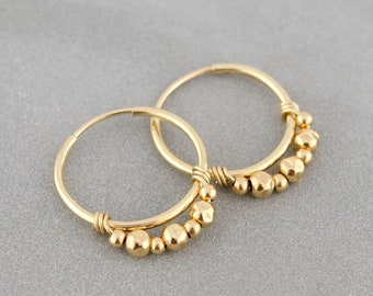 Gold Filled Beaded Hoop Earrings • 14mm Gold Hoops • Charm Hoop Earrings • Dainty Hoop Earrings • Lightweight Everyday Hoops • Gift for Her