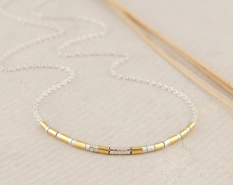 Dainty Mixed Metal Necklace, Minimalist Sterling Silver & Gold Filled Tube Chain, Delicate Two Tone Choker