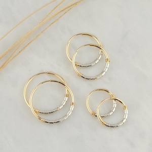 Tiny Mixed Metal Hoop Earrings, Dainty Beaded Hoops, Minimalist Hoop Earrings, Two Tone Hoops, 14K Gold Endless Hoops, Everyday Earrings