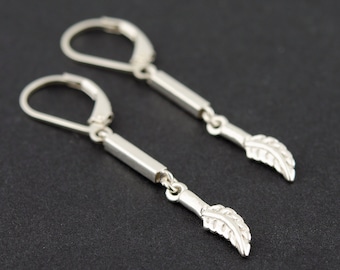 Long Sterling Silver Leaf Earrings • Lever-back Silver Earrings • Everyday Silver Jewelry • Long Silver Bar Earrings • Jewelry Gift for Her
