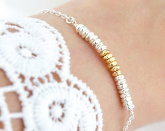 Dainty Two Tone Bracelet • Beaded Bar Bracelet • Everyday Delicate Bracelet • Mixed Metal Bracelet • Two Tone Jewelry Gift • Gift for Women