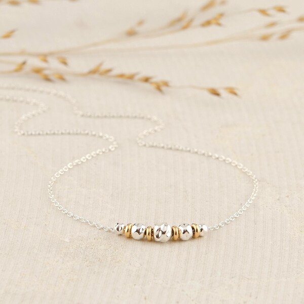 Dainty Mixed Metal Necklace, Minimalist Beaded Chain, Two Tone Jewelry, Sterling Silver & 14K Gold Filled