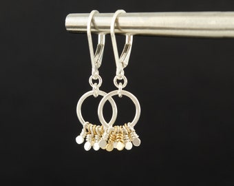 Dainty Circle Tassel Earrings, Two-Tone Sterling Silver & Gold Filled , Lever-back Earrings, Small Mixed Metal Earrings, Everyday Jewelry