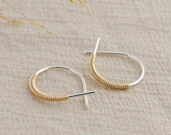 Minimalist Two Tone Hoop Earrings, Dainty Wire Twist Earrings, Mixed Metal Jewelry, Simple Everyday Earrings