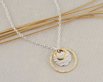 Mixed Metal Circle Pendant Necklace: Sterling Silver & 14K Gold Filled