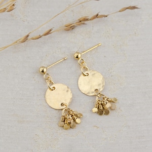 Dangle 14K Gold Filled Disc Earrings, Hammered Ball Post Earrings, Dainty Textured Disc Earrings