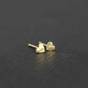 Tiny Heart Studs, 14K Gold-Filled or Sterling Silver Hammered Heart Earrings, Dainty Minimalist Studs for Second Piercing
