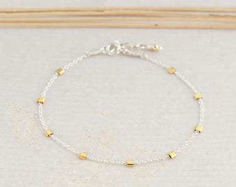 Dainty Mixed Metal Bracelet, 14K Gold Filled & Sterling Silver Beaded Chain, Satellite Chain Bracelet, Two Tone Jewelry