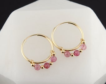 Strawberry Quartz Hoop Earrings, Pink Gemstone Hoops, 14K Gold Filled Hoops, Minimalist Gold Hoops, Charm Hoop Earrings, Minimalist Jewelry