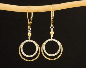 Gold and Silver Lever-back Earrings, Mixed Metal Circle Earrings, Lightweight Earrings, Texture Earrings, Delicate Earrings, Gift for Women