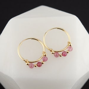 Strawberry Quartz Hoop Earrings, Pink Gemstone Hoops, 14K Gold Filled Hoops, Minimalist Gold Hoops, Charm Hoop Earrings, Minimalist Jewelry