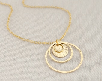 Gold Circle Disc Textured Necklace • Large Gold Pendant Necklace • Hammered Circles Necklace • Hammered Disc Necklace • Three Circle Pendant