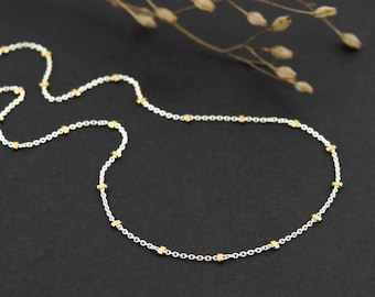 Dainty Beaded Chain Necklace, Mixed Metal Two Tone Jewelry, Sterling Silver Chain with Gold Filled Beads, Everyday Layering Necklace