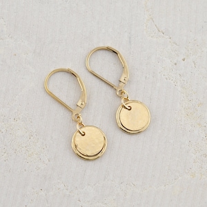 Gold Disc Earrings, 14K Gold-Filled Leverback Earrings, Textured Circle Dangles, Small Everyday Jewelry