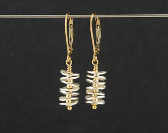 Boucles d'oreilles pendantes bicolores, argent sterling et or 14 carats, bijoux en mélange de métaux modernes
