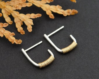 Mixed Metal U Shape Earrings, Small L Shape Earrings, Hook Hoop Earrings, Two Tone Earrings, Minimalist Earrings, Everyday Delicate Earrings