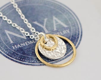 Two Tone Hammered Circle Necklace, Sterling Silver & 14K Gold Filled Pendant, Mixed Metal Disc Chain, Layred Everyday Jewelry