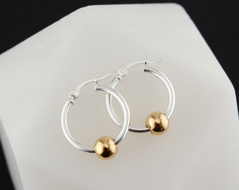Gold Ball Bead Hoop Earrings, Sterling Silver Latch Back Huggies, Minimalist Hoops, Secure Clip Closure Hoops, Mixed Metal Jewelry