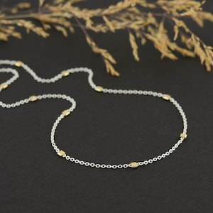 Dainty Beaded Chain Necklace, Mixed Metal Sterling Silver with 14K Gold-Filled Beads, Two Tone Layering Jewelry
