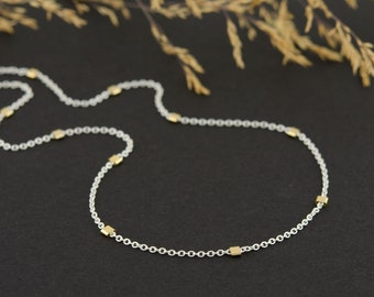 Dainty Beaded Chain Necklace, Mixed Metal Sterling Silver with 14K Gold-Filled Beads, Two Tone Layering Jewelry