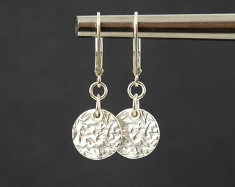 Silver Lever-back Earrings, Textured Silver Disc Earrings, Everyday Silver Earrings, Silver Coin Earrings, Sterling Silver Jewelry Gift Idea