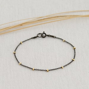 Dainty Two-Tone Beaded Bracelet, Oxidized Silver & Gold Filled, Minimalist Mixed Metal Bracelet, Delicate Chain Bracelet