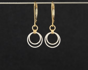 Two Tone Circle Earrings, 14K Gold Filled & Sterling Silver Lever-back, Small Lightweight Earrings