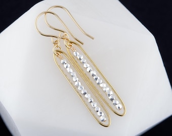 Mixed Metal Dangle Earrings, Modern Geometric Design, Two Tone Jewelry