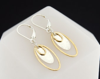 Two Tone Lever-Back Earrings, Textured Oval Earrings, Mixed Metal Earrings, Mixed Metal Jewelry, Lightweight Everyday Jewelry, Gift for Her