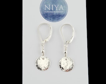 Hammered Sterling Silver Disc Lever-Back Earrings, Minimalist Dangle Earrings, Everyday Lightweight Jewelry