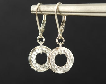 Silver Textured Circle Lever-Back Earrings • Sterling Silver Dangle Earrings • Everyday Earrings • Hammered Earrings • Textured Earrings