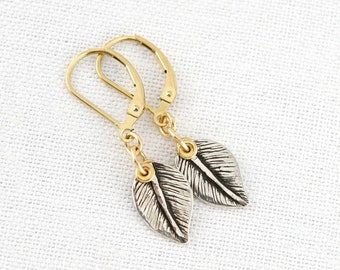 Silver and Gold Leaf Earrings, Mixed Metal Leaves Lever-back Earrings, Two Tone Leaf Earrings, Nature Inspired Jewelry Gift for Her