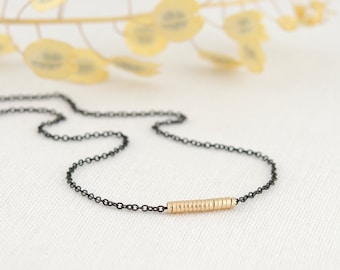 Minimalist Mixed Metal Necklace, Gold Tube Pendant, Oxidized Back and Gold Chain Coker