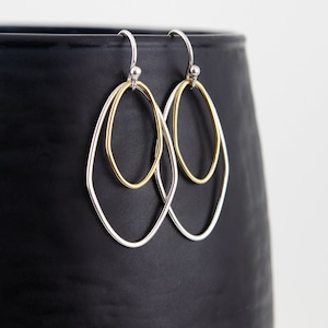 Long Geometric Teardrop Earrings • Mixed Metal Dangle Earrings • Silver and Gold Earrings • Everyday Dangle Earrings • Hammered Earrings