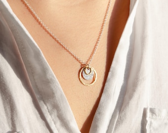 Hammered Disc Pendant Necklace, Mixed Metal Sterling Silver & 14K Gold-Filled, Textured Circle Chain, Everyday Modern Jewelry