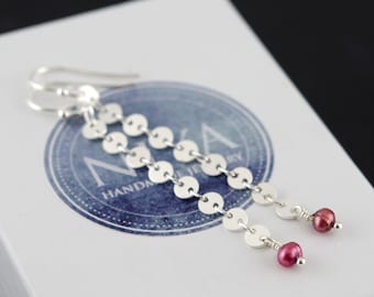 Long Silver Coin Earrings • Silver Chain Dangle Earrings • Cherry Pearl Earrings • Statement Earrings • Long Circle Earrings • Boho Earrings