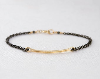 Delicate Mixed Metal Bracelet, Textured Gold Bar Bracelet, Oxidized Black and Gold Bracelet, Minimalist Bracelet, Mixed Metal Jewelry Gift