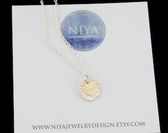 Two-Tone Disc Necklace, Hammered Circle Pendant Chain, Mixed Metal Jewelry