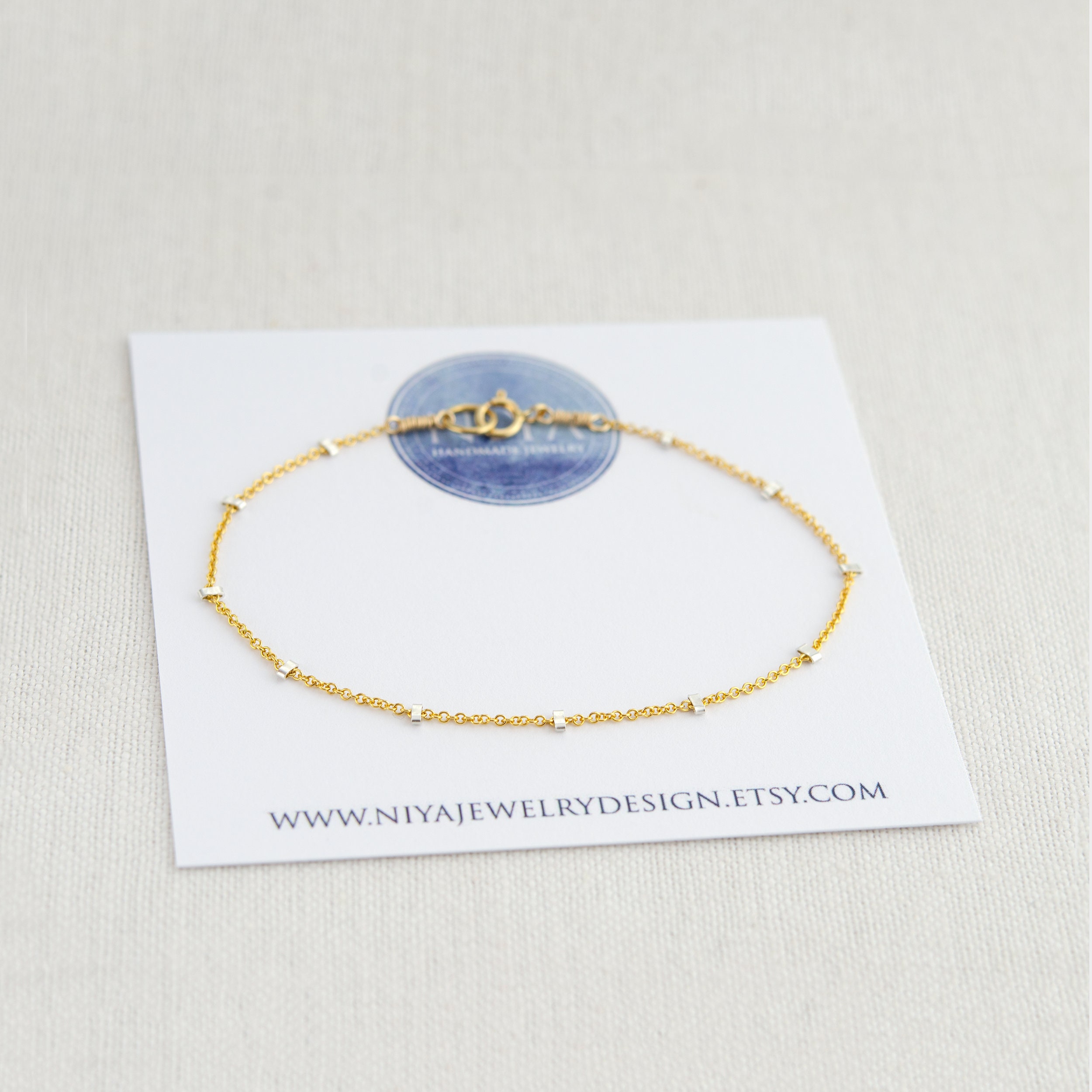 Dainty Beaded Chain Bracelet, Minimalist Two Tone Bracelet