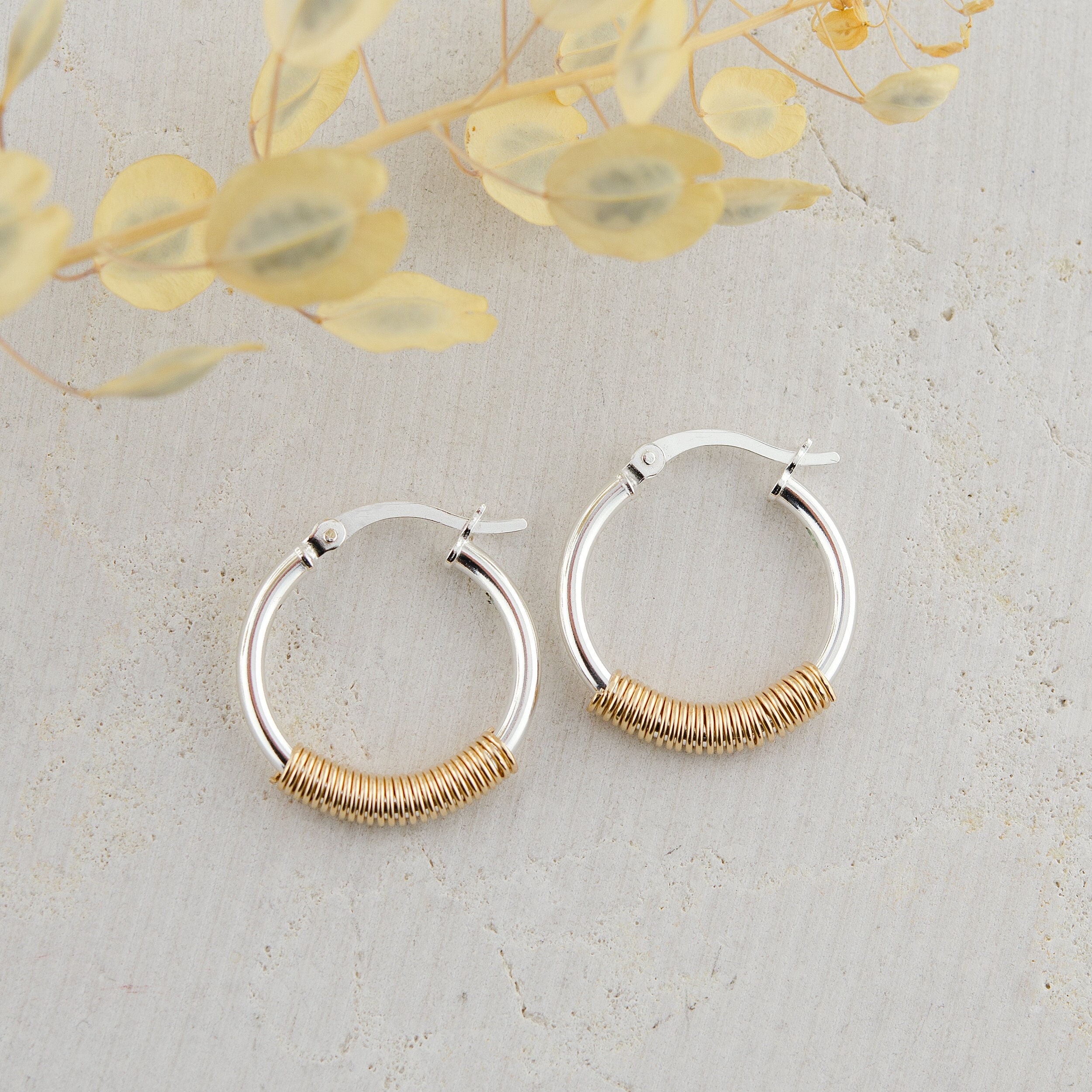 Silver Huggie Hoops, Mixed Metal Hoop Earrings, Sterling Silver with Gold Filled Charm, Two Tone Jewelry