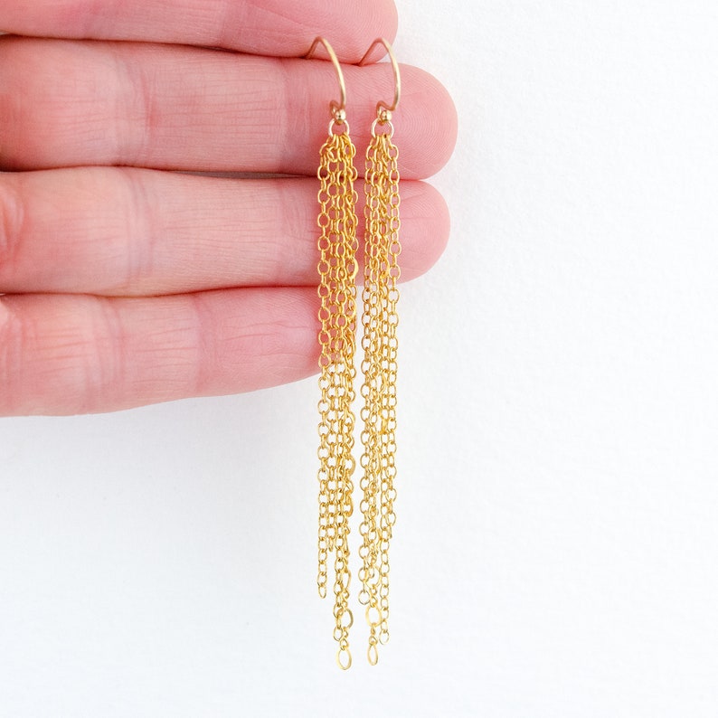 Long Gold Chains Earrings 14K Gold Fringe Earrings Long Etsy