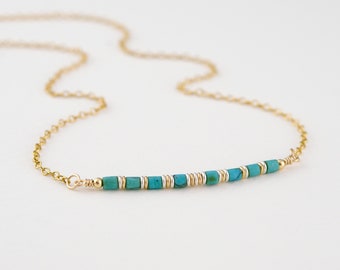 Delicate Turquoise Bar Necklace • Beaded Turquoise Necklace • Natural Turquoise Birthstone Jewelry Gift • December Birthstone Gift for Women