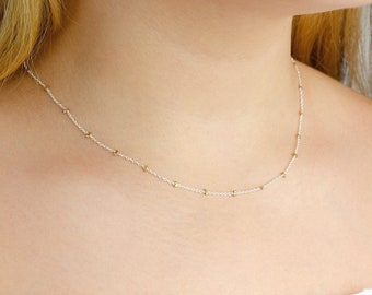 Dainty Two Tone Necklace • Layered Chain Choker • Delicate Mixed Metal Necklace • Everyday Beaded Chain • Minimalist Beaded Necklace