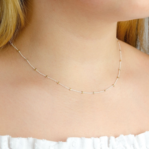 Dainty Two Tone Necklace • Layered Chain Choker • Delicate Mixed Metal Necklace • Everyday Beaded Chain • Minimalist Beaded Necklace