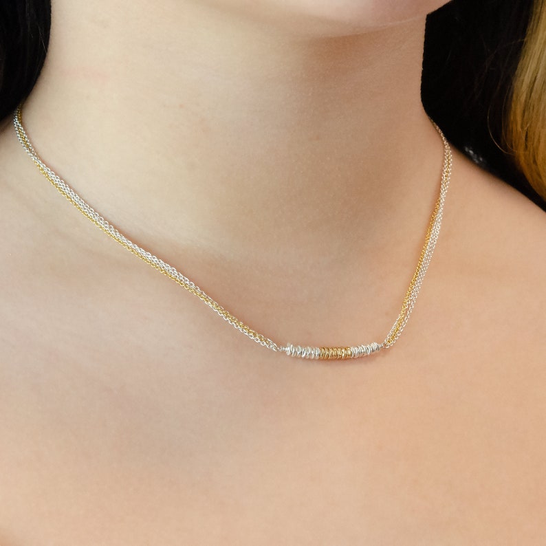 Mixed Metal Necklace \u2022 Lucky Number 7 Necklace \u2022 Silver and Gold Necklace \u2022 Multi Chain Necklace \u2022 Beaded Bar Necklace \u2022 Mixed Metal Jewelry